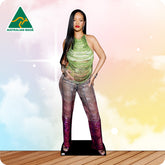 Cardboard cutout of a person wearing a green top and patterned pants on a colorful background with 'Australian Made' logo.